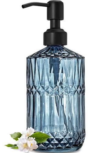 JASAI Blauer Seifenspender mit schwarzer, rostfreier Pumpe, nachfüllbarer Badezimmer-Seifenspender mit dickem Glas, Küchenseifenspender für Handseife und Spülseife, Blau