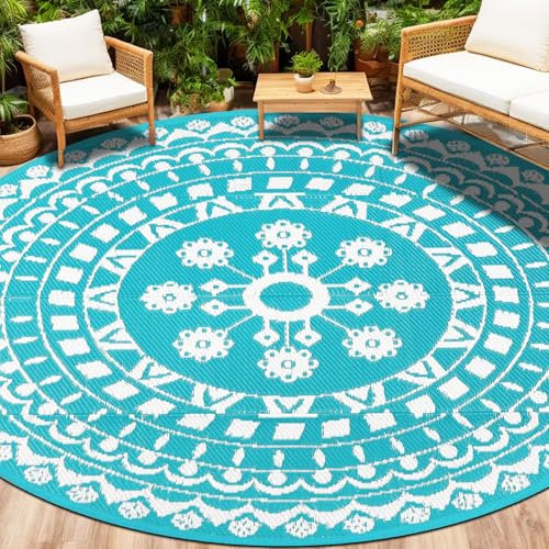 Capslpad Tapis d'extérieur rond réversible bohème imperméable avec paille en plastique pour patio, terrasse, pique-nique, plage, appartement, piscine, bleu sarcelle - 240 cm