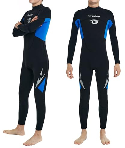 Owntop Combinaison de plongée intégrale en néoprène de 2,5 mm pour garçons et filles | Combinaison de plongée thermique extensible avec fermeture éclair dans le dos | Bleu | Taille 10 | 140-150 cm