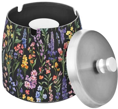 Aschenbecher mit Deckel, Motiv: Herbstblumen, Orchidee, Lavendel, schwarz, Edelstahl, für Zuhause, Innenbereich, Auto, Büro, tragbar, rutschfest, für Zigarrenliebhaber, Raucher
