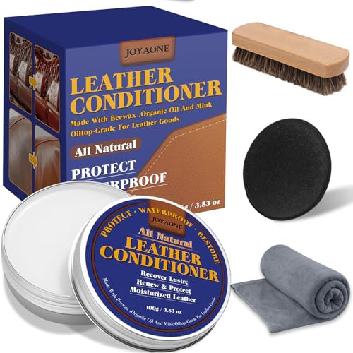 JOYAONE Condizionatore e detergente per pelle, kit per la cura della pelle completamente naturale con spugna, spazzola e asciugamano, ripristina stivali, scarpe, borse, borse, divani, mobili (100 g)