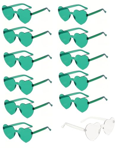 XDGBGFN 12 Stück Herz Sonnenbrille Hippie Herzförmige Brille mit 12 Stück Tattoo Aufkleber Damen Randlose Herz Brille für Hochzeiten Hochzeiten Außenaufnahmen Festivalfeier