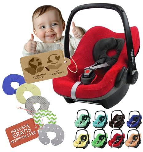 Frottee Sommerbezug [Schonbezug für Babyschale] Autositz kompatibel mit Maxi Cosi Pebble und Pebble Plus + GRATIS Kopfpolster (rot)