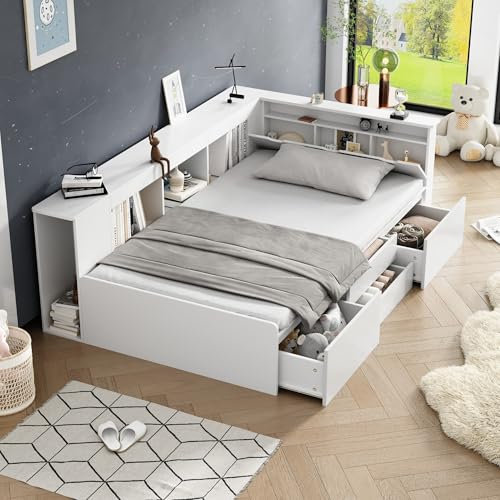 Oslghy Einzelbett Kinderbett 90x200 cm, Stauraumbett Bett mit Stauraum Bettkasten, Bettgestell mit 4 Schubladen und Bücherregal und Stauschrank, Multifunktionales Kopfteil, MDF, Weiß, Ohne Matratze