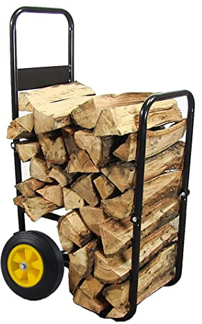 Firewood Log Cart Carrier Outdoor or Indoor Black Steel Wood Rack Storage Mover Rolling Wheeled Metal Dolly Hauler Wood Moving Equipment