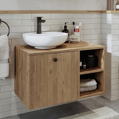 ROOMART Badezimmermöbel Set Lotus 75 cm 4 Teilig mit Keramik Waschbecken (Eiche, Unterschrank mit Waschbecken)