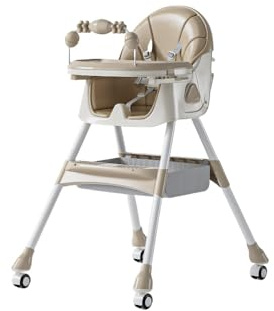 Seggiolone Bambini con Altalena e Ruote, Angolazione Regolabile | Colore kaki, con cestino portaoggetti, ideale per pasti in cucina e sala da pranzo