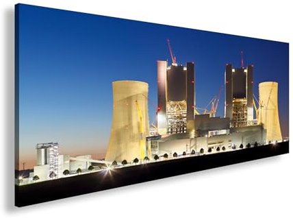 Leinwandbild Lichter der Macht – Kraftwerk im Glanz der Nacht Panorama 100x50cm XXL Wandbild auf Keilrahmen/Kunstdruck/Bild Wohnzimmer Dekoration