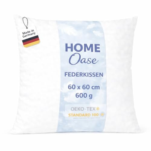 Home Oase Federkissen 60x60 cm (1er Set) - Kopfkissen mit 100% Federfüllung und Bezug aus Bauwmolle, Oeko-Tex Zertifiziert, perfekt für Allergiker und Kinder, 1200 g Füllung