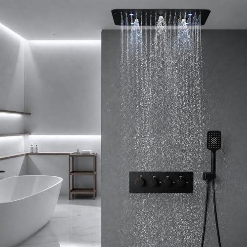 Duschsystem Unterputz mit Thermostat Schwarz, LED Unterputz Duscharmatur Set, Duschgarnitur mit 50X50cm Regendusche Duschkopf mit 3 Modi Handbrause, Duscharmatur Komplettset Unterputz
