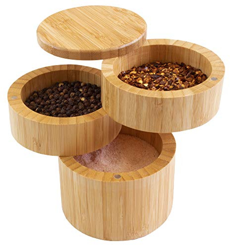 Totally Bamboo Triple Salt Cellar, 3-Tier Salt and Pepper Container