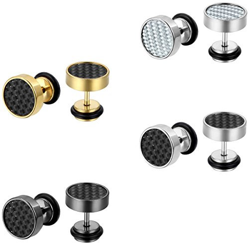 JewelryWe Fake Plug Ohrstecker Edelstahl: 4 Paar Herren Damen Tunnel Ohrringe Kohlenstofffaser Kohlefaser Inlay Runde Kreis Ohrstecker Schraube Helix Tragus Conch Ohr Piercings 9mm Schwarz Gold Silber
