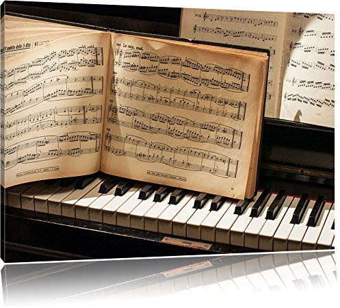 Pixxprint Dark Klavier Noten, Nahaufnahme Piano, Größe: 120x80cm, Leinwandbild, fertig gespannt, Wandbild, Dekoration, Kunstdruck, kein Poster