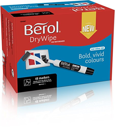 Berol DryWipe Whiteboard Marker Pens Chisel Tip Black Low-Odour Ink 48 Dry Erase Markers