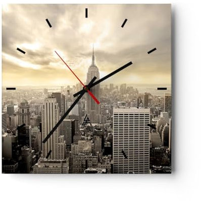 Modern Wanduhr Stadt Wolkenkratzer Manhattan New York 40x40cm Quadrat Groß Wand Uhr Glas Analog Zimmeruhren Küche Büro Wohnzimmer Glasuhr Wall Clock Dekoration Design Küchenuhr C3AC40x40-2630