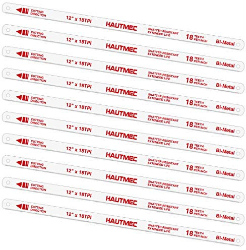 HAUTMEC Hojas de repuesto para sierras de arco BI-METAL (paquete de 10) Dientes con conexión a tierra de acero de alta velocidad 18 TPI x 12 Longitud 0.025 Ancho x 1/2 Ancho HT0016-CT