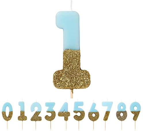 Glitzer-Zahlenkerze als blaue Nummer 1, mehrfarbig verfügbar von Talking Tables. Ideal für Kinder und Erwachsene Geburtstage, oder Meilenstein Anlässe. Erstklassig als Kuchen- oder Torten Deko.