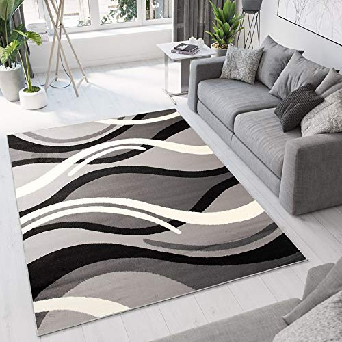 TAPISO Dream Teppich Wohnzimmer Kurzflor Modern Weiß Grau Schwarz Wellen Streifen Esszimmer Schlafzimmer Küche ÖKOTEX 220 x 300 cm