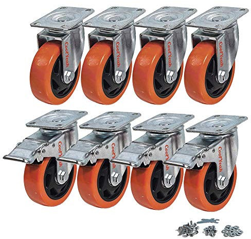 CoolYeah 100mm Zoll Lenkrollen aus PVC, Industrie, Premium Schwerlastrollen (8er-Packung, 4 Stück mit Bremse & 4 Stück ohne)
