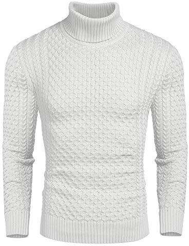 Coofandy Rollkragen Herren Strickpullover Pullover Slim Fit Winter Basic Sweater Mischen, Weiß, M