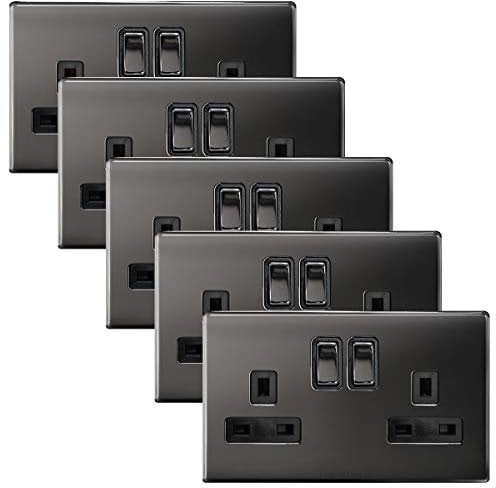 5 x Double Wall Socket Switched Black Nickel 2 Gang Screwless 13a Double Pole N410-GME
