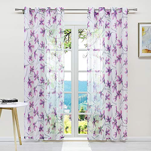 ESLIR Gardinen mit Ösen Vorhänge Fensterschal Transparent Ösenschal mit Pflanzen Muster Voile Lila BxH 140x225cm 1 Stück
