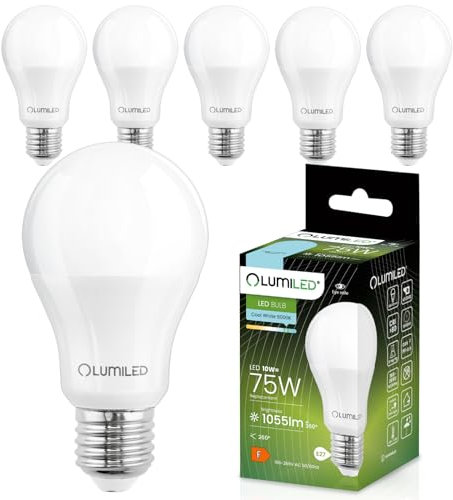 Lumiled A60 E27 LED Lampe, 10W (ersetzt 75W), 1055 Lumen Leuchtmittel, 6500K Kaltweiß Birnen Lampen, Nicht Dimmbar, 260° Grad Strahlwinkel Glühbirne 6er-Pack Energiesparlampe Tropfen