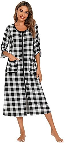 Verve Jelly Nachthemd Damen Nachtwäsche Kurzarm Nachthemd Schlafkleid Comfy Plaid Sleepshirts with Pocket Kariertes Schwarz L