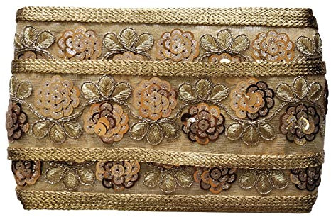 Trimming Shop Goldenes Pailletten-Nieten, indische Spitze, Blumendesign, dekoratives Band zum Nähen, Basteln, Verzierung, Hochzeit, Brautkleider, modische Kleidung, 65 mm breit, 4 m