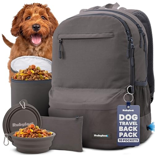 Dog Travel Bag for Supplies - Complete Dog Diaper Bag Backpack with 2 BPA-Free Travel Bowls, Treat Pouch, Food Container, Placemat & Laptop Sleeve – for Traveling, Road Trips, Hiking: Dk Grey