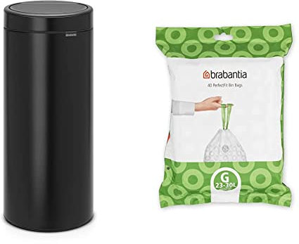 Brabantia 30 L Matt Black Kitchen Touch Bin with Removable Lid, Easy Clean, Fits Brabantia Bin Liners Size G, 30 Litre Capacity, Black, Plastic & Stainless Steel, Indoor Use