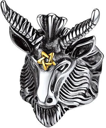 Bandmax Invertiertes Pentagramm Ziegenkopf Ring für Männer Jungen Satan Siegelring Fingerring aus Edelstahl Ringgröße 57 Gothic Siegelring Ringe Schmuck