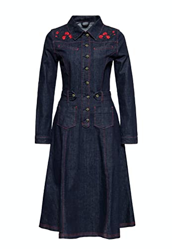 Queen Kerosin Damen Jeanskleid Denim Kleid Western Vintage Swingkleid 50S Rockabilly Stickerei Roses Roses