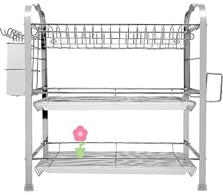 Égouttoir Vaisselle INOX À 3 Niveaux,Egoutoire Vaisselle Cuisine avec Porte-Gobelet et Couteau et Fourchette Porte-Baguettes,Étagère à Couverts pour Égoutter et Ranger La Vaisselle 42 * 25 * 49 cm