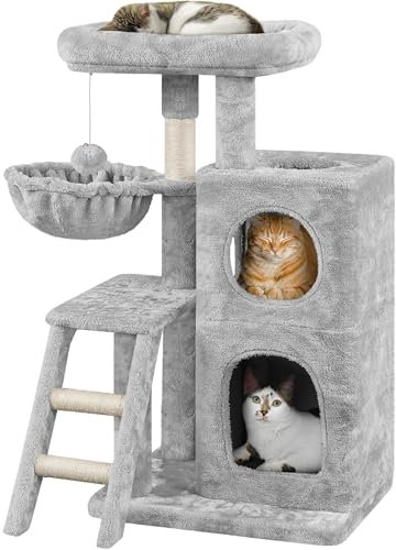 Yaheetech Arbre à Chat Hauteur de 94cm Arbre à Grimper avec Échelle Niches Panier Boule Poteaux en Sisal Griffoir pour Chat Gris Clair