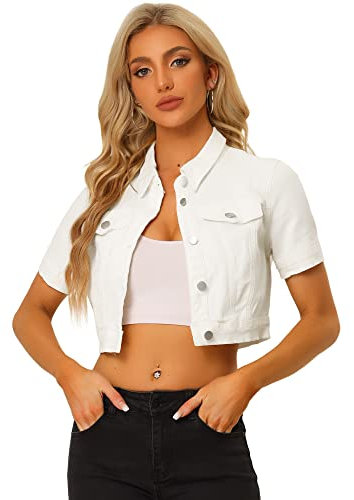 Allegra K Casual Jacket for Women's Short Sleeves Crop Jean Denim Jacket White L