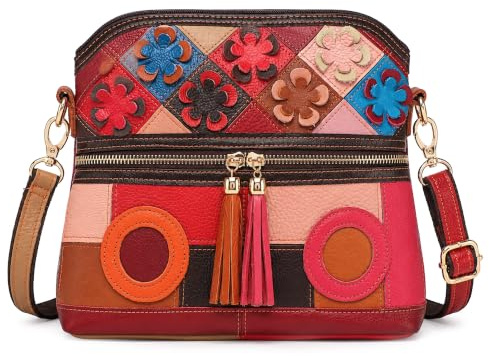 DIRRONA Umhängetasche Damen aus Leder – bunte Crossbody Bag im Vintage Patchwork-Design, Tasche für Damen perfekt für Arbeit, Reisen & Alltag Rosa Orange Kreis