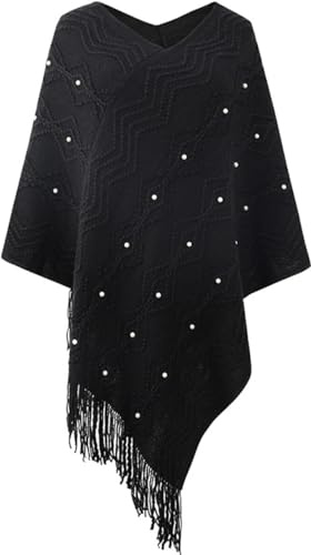 Rayson Poncho Femme Tricot avec Franges à Pompons Elégant,Noir