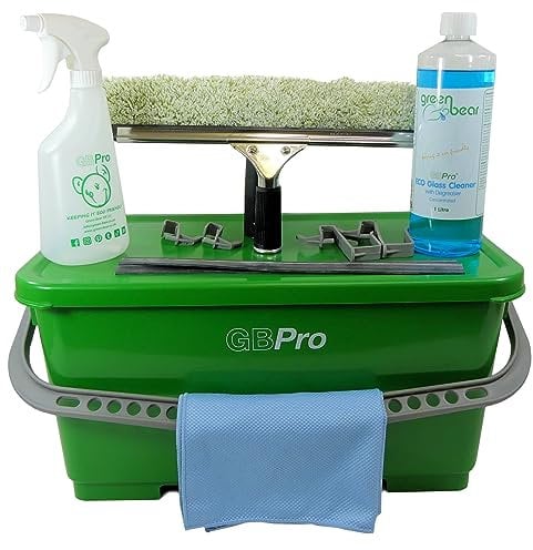GBPro 35cm Window Cleaning 10 in 1 Starter Kit|24L Bucket +watertight sealed lid +Window Squeegee +T Bar +Microfibre Wash Sleeve + Rubber Blades +Glass cloth +Glass Cleaner +Spray Bottle +hangers