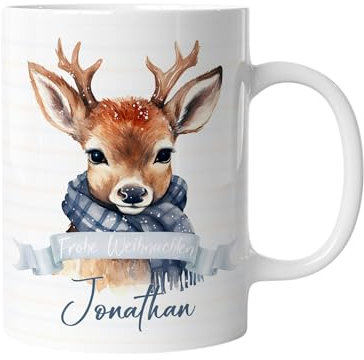 timalo® Tasse personalisiert mit Namen Geschenk „Frohe Weihnachten“ Kaffeetasse Jungen und Mädchen | Rentier-2