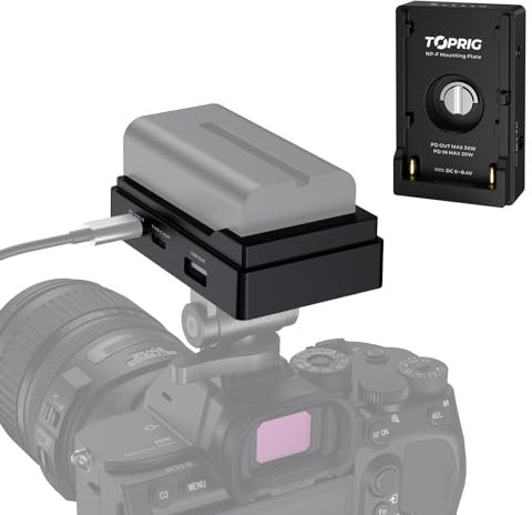 Toprig ACC04-P Piastra adattatore per batterie di tipo NP-F con vite da 1/4-20, Supporto PD Power in, Uscita PD/USB-C/USB/DC con Indicatore luminoso di potenza, per DSLR, fotocamera, monitor