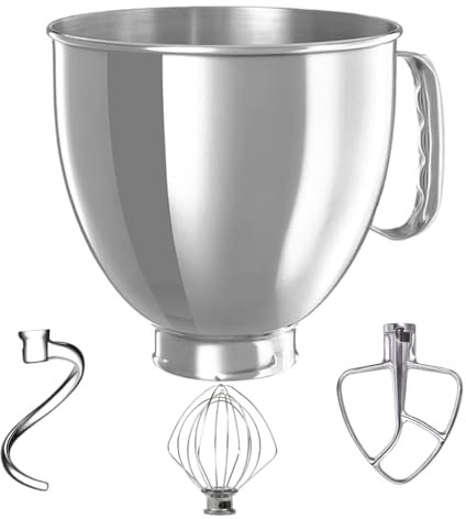 5QT Stainless Steel Mixer Bowl K5SBWH with KSM5THFBSS FLEX EDGE BEATER,K45WW Wire Whip,Spiral Dough Hook,Compatible With KITCHENAID TILT-HEAD STAND MIXERS 4.5-Quart (4.3 L) And 5-Quart (4.7 L)