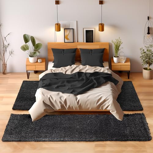 SIMPEX Bettvorleger Schlafzimmer Teppich Läufer Flur Teppich Küchenläufer Hochflor 3 Teiliger Set Bettumrandung Einfarbig Modernes Design Soft Flauschig & Extra Weich Farbe: Anthrazit