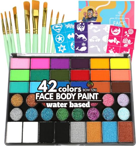 Bowitzki Face Paint Kit,Water Based Non Toxic Face Painting Palette with 24 Colors,16 Glitters, 32 Stencils & 10pcs Brushes, Professional Body Face Paint Makeup For Party,Halloween,Carnival,Festival