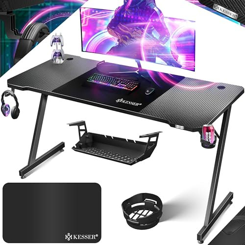 KESSER® Gaming Tisch 160cm x 60cm | Z-Form Gamer Schreibtisch | Kopfhörerhaken & Kohlebeschichtung | Ergonomischer PC Computertisch | Stabiler Tisch mit Getränkehalter Schwarz