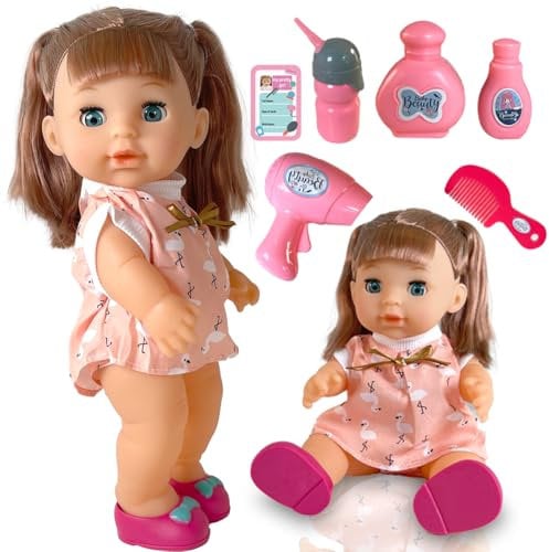 Koolbitz Interactive Baby Doll with Accessories & Lifelike Functions Drinks and Wets, Makes 10 Sounds, Removable Outfit with Hair Dryer, Comb, Bottle, Shoes, Shampoo, and More - Gift for Toddlers Kids