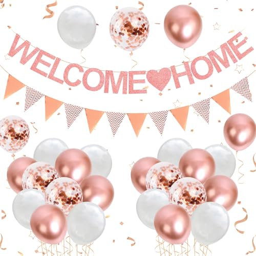YSUVIN Welcome Home Dekoration, Herzlich Willkommen Girlande, 1 Welcome Home Banner, 1 Triangular Flag Banner, 20 Luftballons für Zuhause, Hochzeit, Einweihungsparty, Roségold