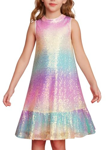 Mädchen Midikleid für Hochzeit mit Pailletten Kinderparty Ärmellos Rundhals Knielang Kleid A-Linie Rüschen Midikleid Regenbogen 10-12 Jahre