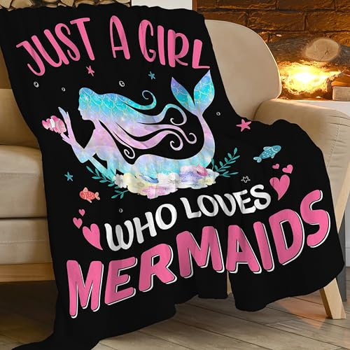 Just A Girl Who Loves Meerjungfrauen-Überwurfdecke, niedliche Meerjungfrau-Plüsch-Fleece, weich, gemütlich, Geschenk, Decke für Kinder, Mädchen, Erwachsene, Dekoration, 127 x 152 cm