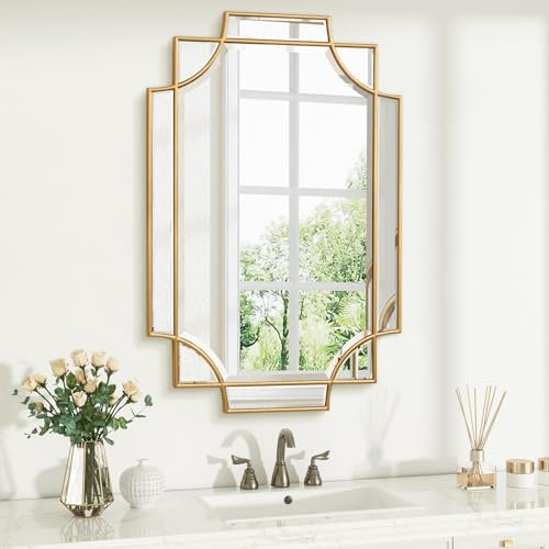 Jesantab Goldfarbener Badezimmerspiegel für die Wand, 61 x 91,4 cm, rechteckiger Schminkspiegel, poliert, abgeschrägt, moderner dekorativer Spiegel für Eingangsbereich, Wohnzimmer, Schlafzimmer